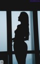 A silhouette of a woman standing in front of a window.