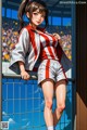 A woman in a red and white uniform leaning against a fence.