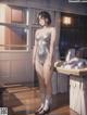 A woman in a silver bodysuit standing in a room.