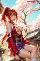 A woman with long red hair in a traditional outfit stands against a cherry blossom backdrop.